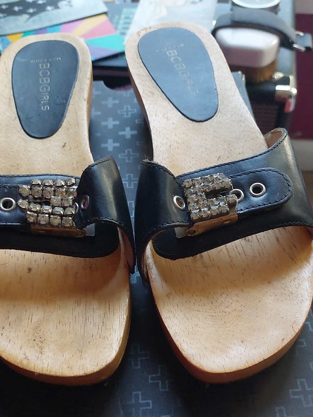 BCBGirls Black Slide Mules with Rhinestone Buckle